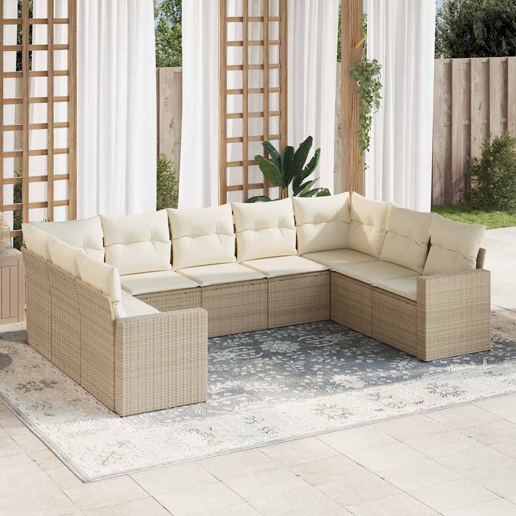 Set Divano da Giardino 9 pz con Cuscini Beige in Polyrattan