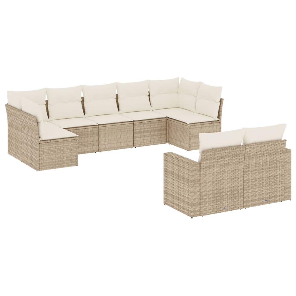 Set Divano da Giardino 9 pz con Cuscini Beige in Polyrattan