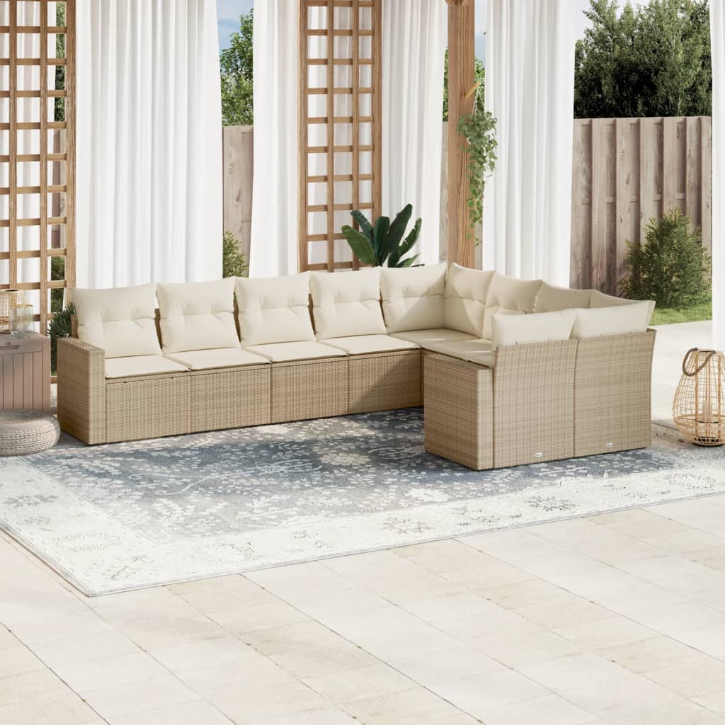 Set Divano da Giardino 9 pz con Cuscini Beige in Polyrattan