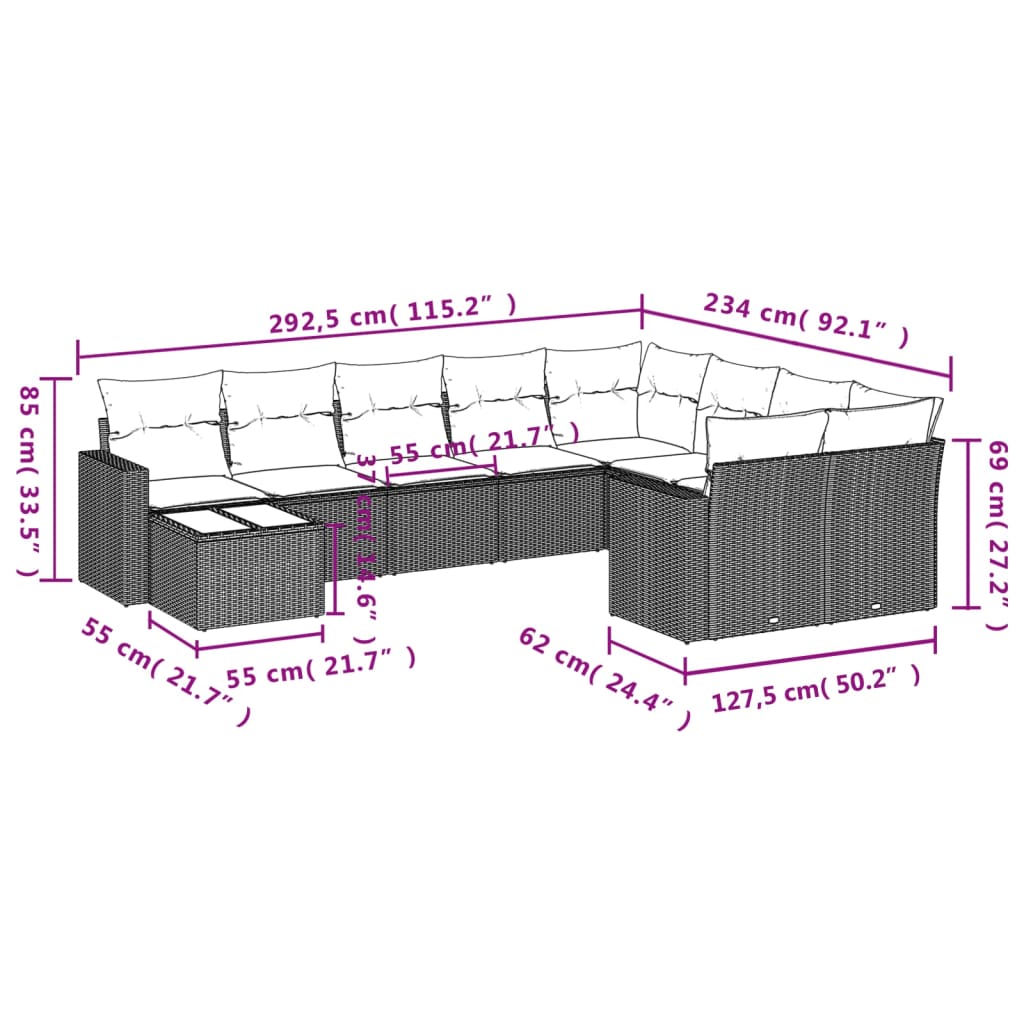 Set Divani da Giardino 10pz con Cuscini in Polyrattan Marrone