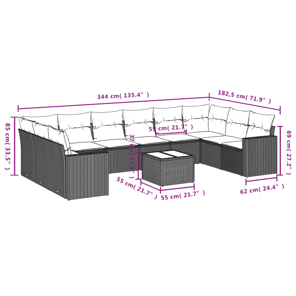 Set Divani da Giardino 11 pz con Cuscini in Polyrattan Grigio