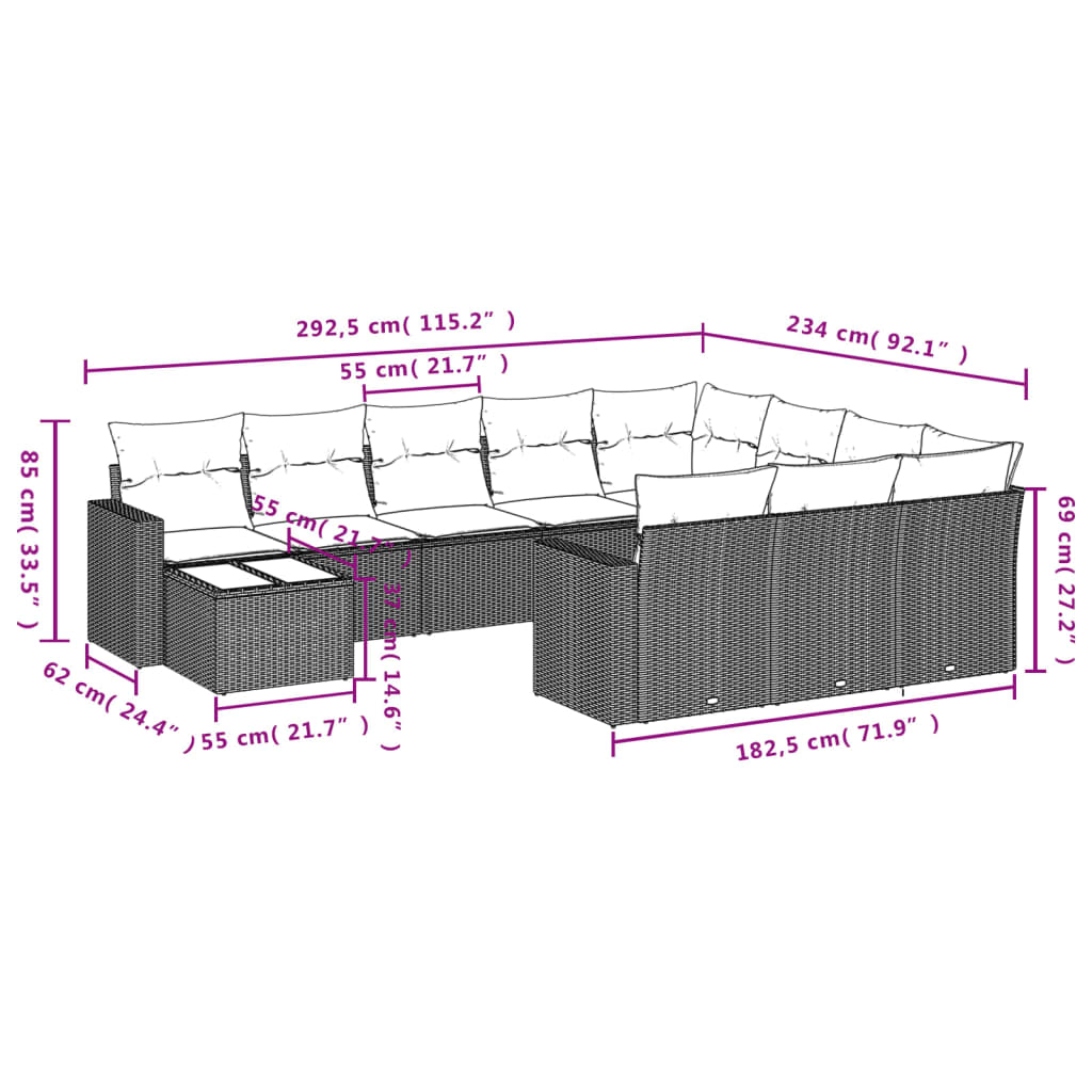 Set Divani da Giardino 11 pz con Cuscini in Polyrattan Grigio