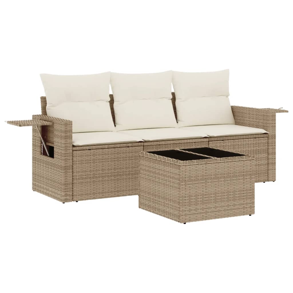 Set Divano da Giardino 4 pz con Cuscini Beige in Polyrattan