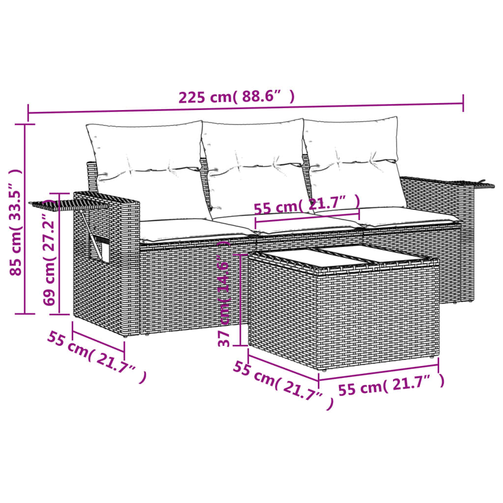 Set Divano da Giardino 4 pz con Cuscini Beige in Polyrattan