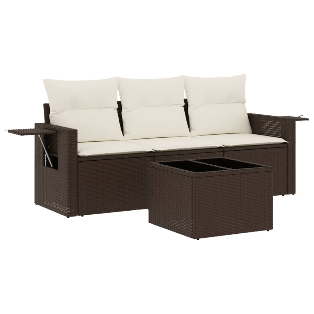 Set Divano da Giardino 4 pz con Cuscini Marrone in Polyrattan