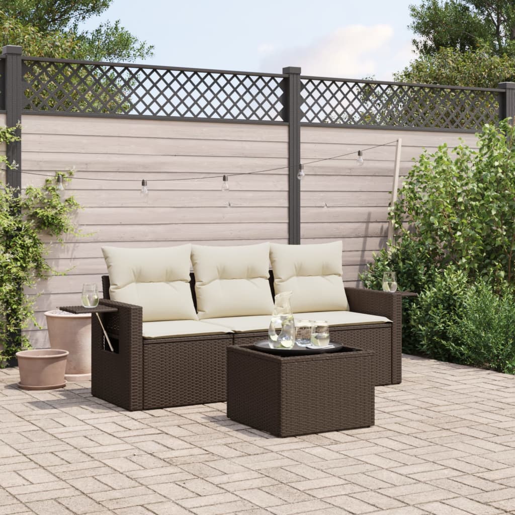 Set Divano da Giardino 4 pz con Cuscini Marrone in Polyrattan