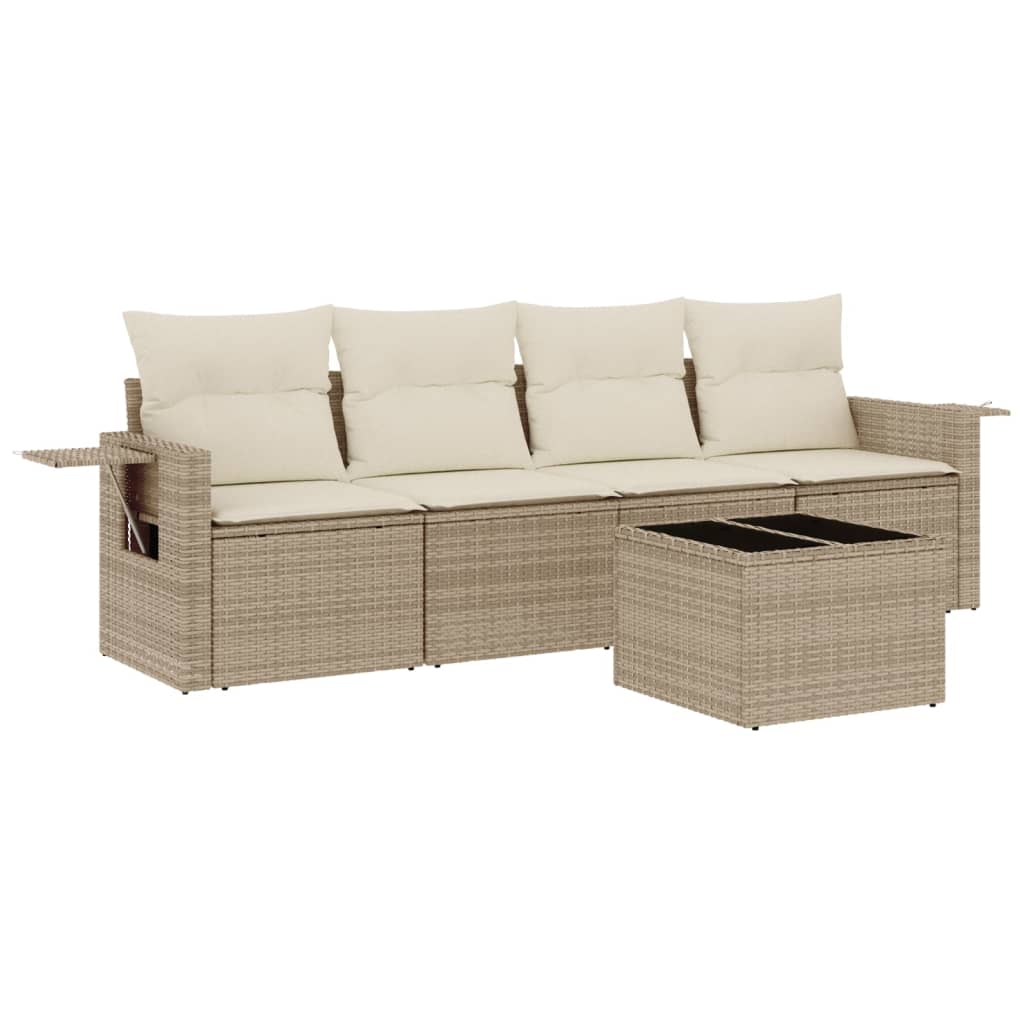 Set Divano da Giardino 5 pz con Cuscini Beige in Polyrattan