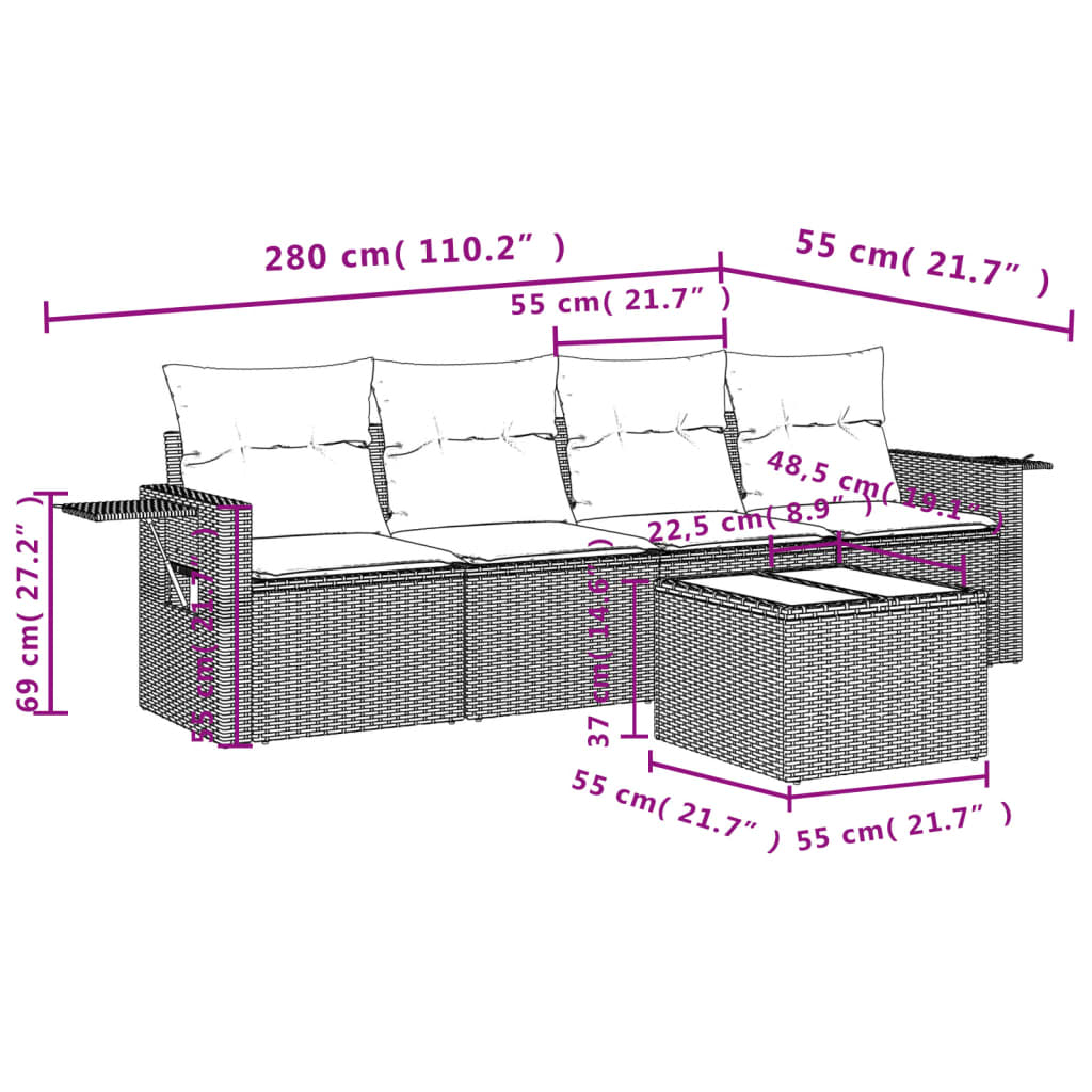 Set Divano da Giardino 5 pz con Cuscini Beige in Polyrattan