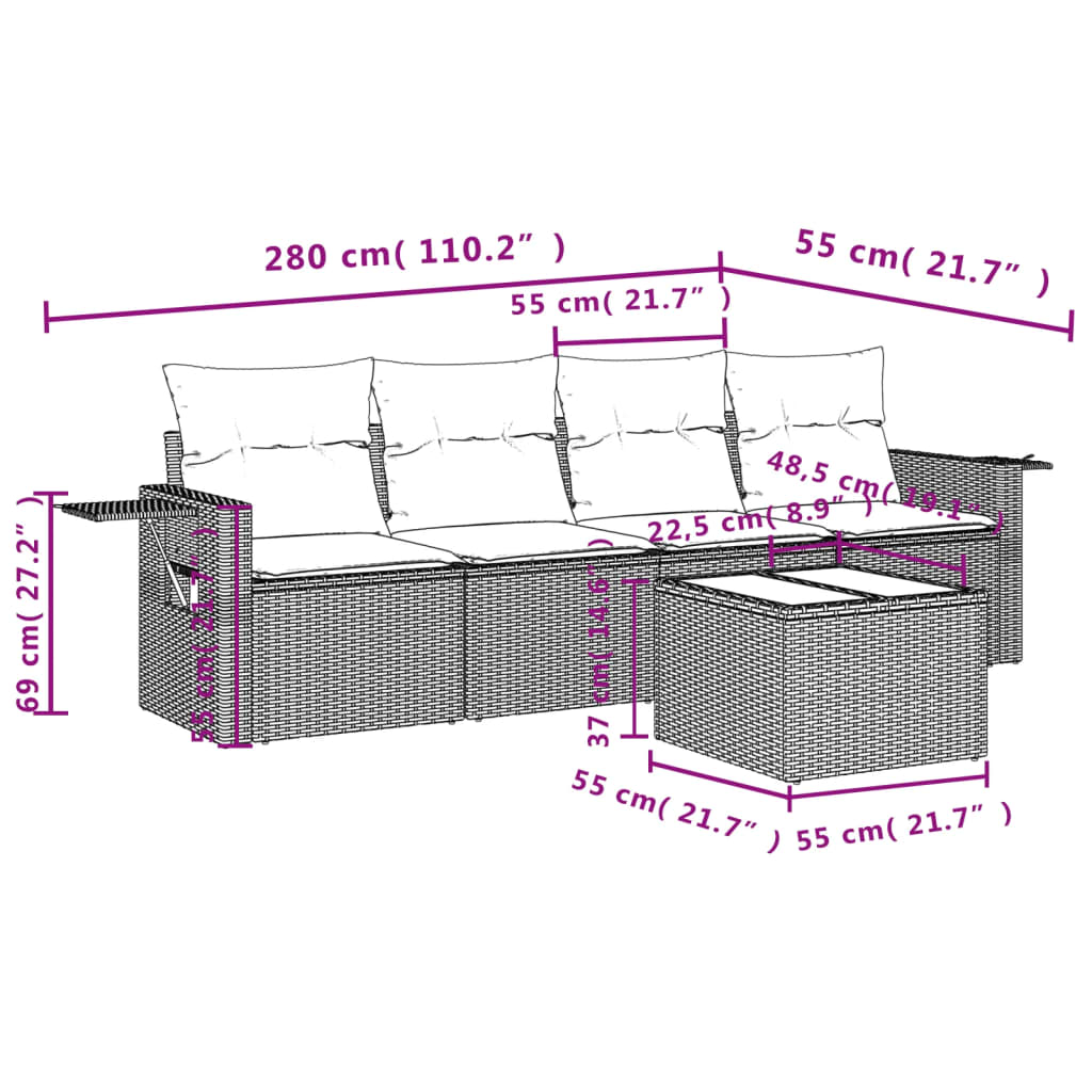 Set Divano da Giardino 5 pz con Cuscini Marrone in Polyrattan