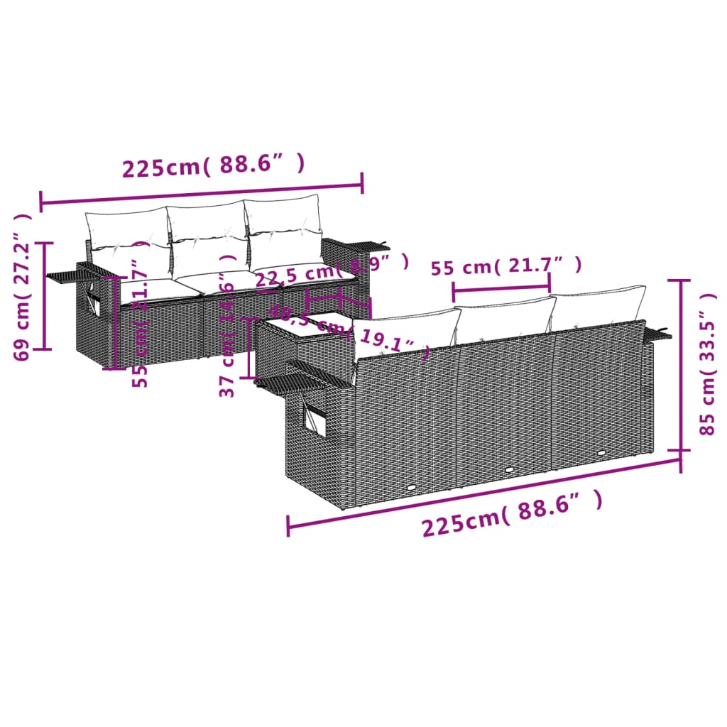 Set Divani da Giardino 7 pz con Cuscini Marrone in Polyrattan