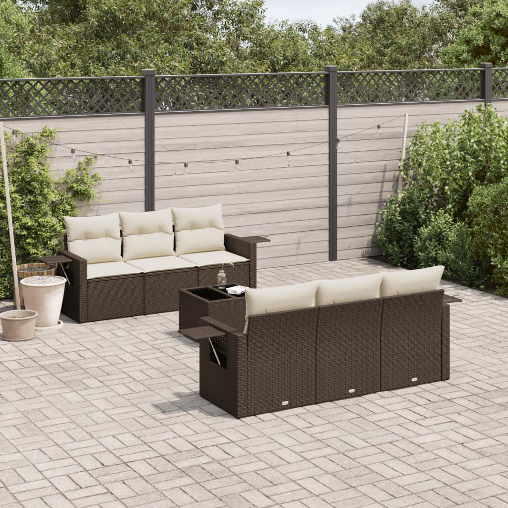 Set Divani da Giardino 7 pz con Cuscini Marrone in Polyrattan