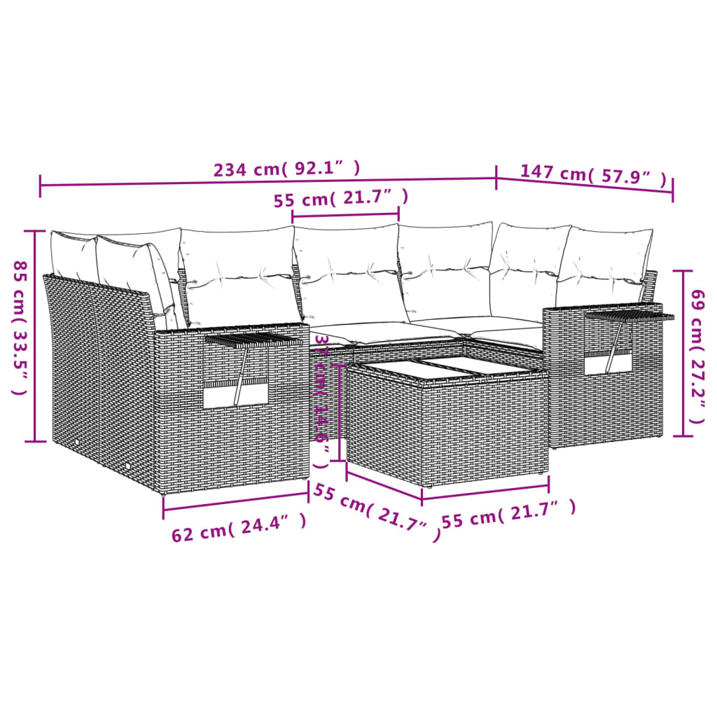 Set Divani da Giardino 7 pz con Cuscini Beige in Polyrattan