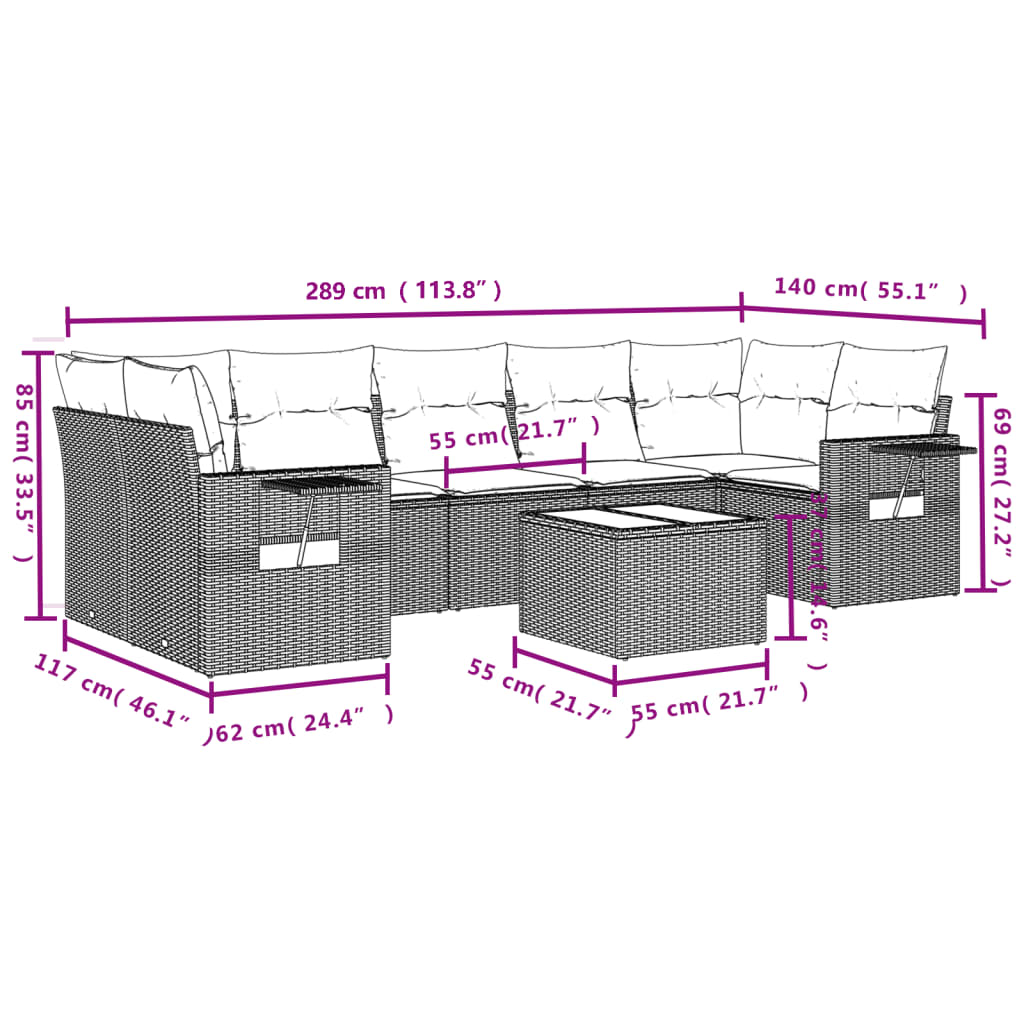 Set Divani da Giardino 8 pz con Cuscini Marrone in Polyrattan