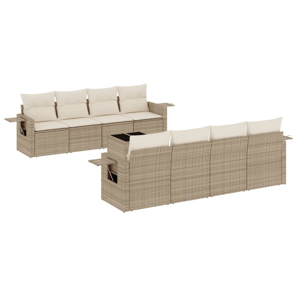 Set Divano da Giardino 9 pz con Cuscini Beige in Polyrattan