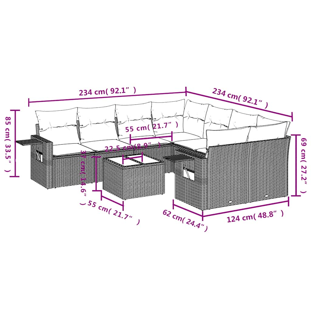 Set Divani da Giardino 9pz con Cuscini Marrone in Polyrattan