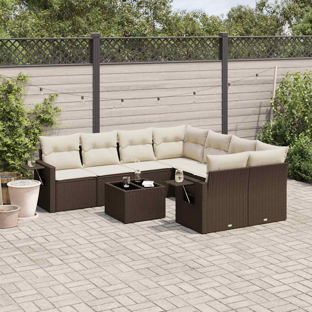 Set Divani da Giardino 9pz con Cuscini Marrone in Polyrattan