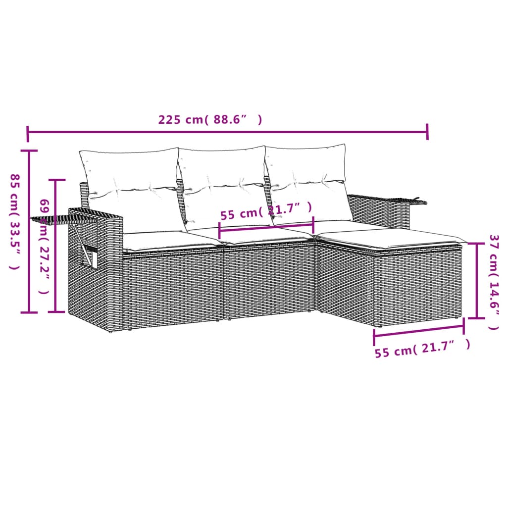 Set Divano da Giardino 4 pz con Cuscini Beige in Polyrattan