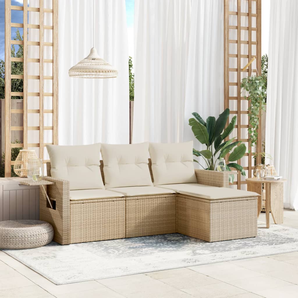 Set Divano da Giardino 4 pz con Cuscini Beige in Polyrattan