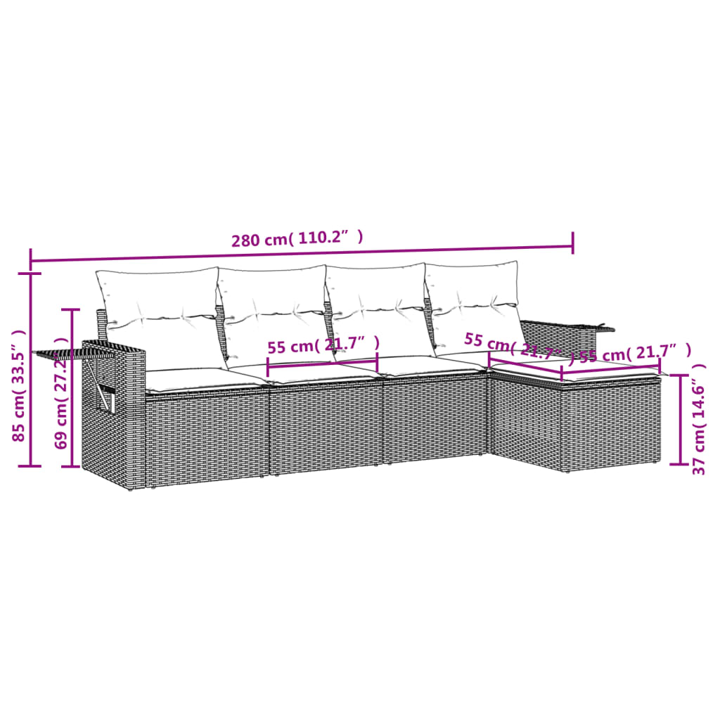 Set Divano da Giardino 5 pz con Cuscini Beige in Polyrattan