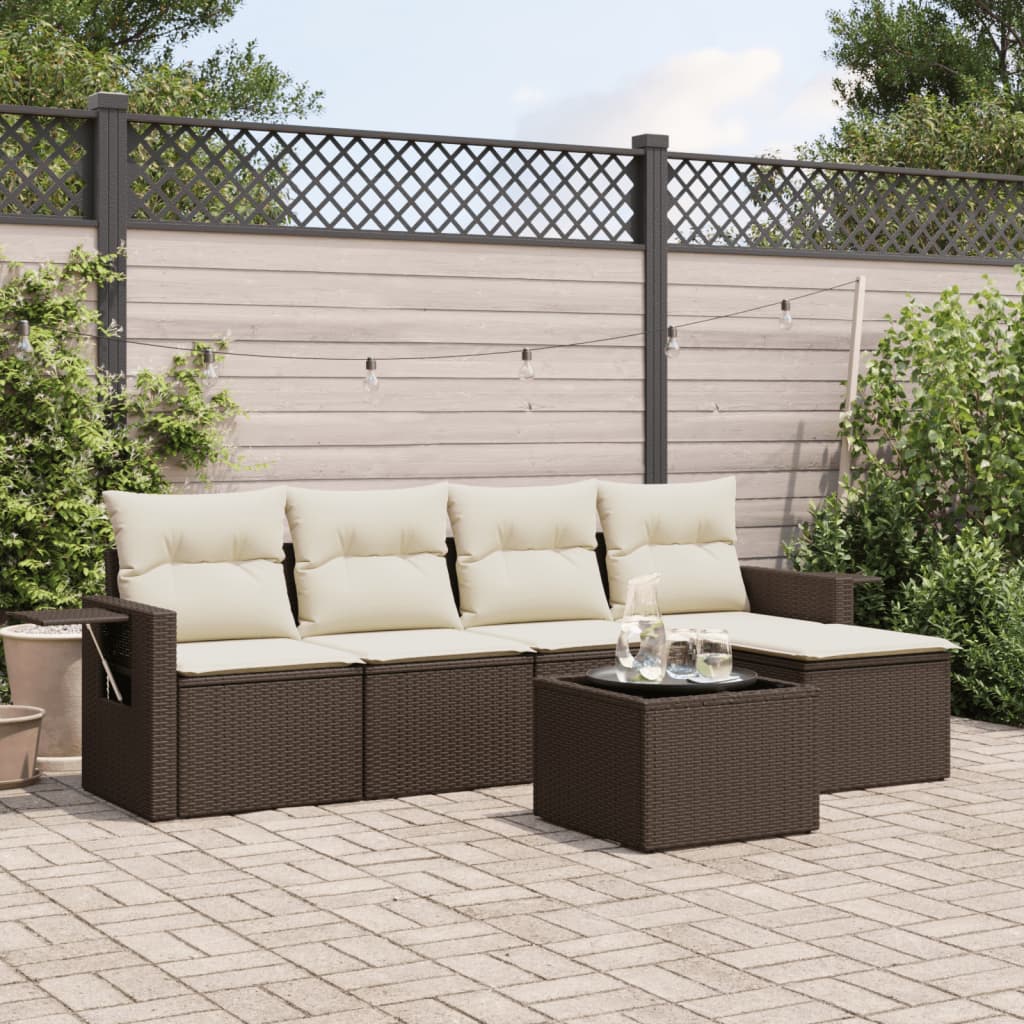 Set Divano da Giardino 6 pz con Cuscini Marrone in Polyrattan