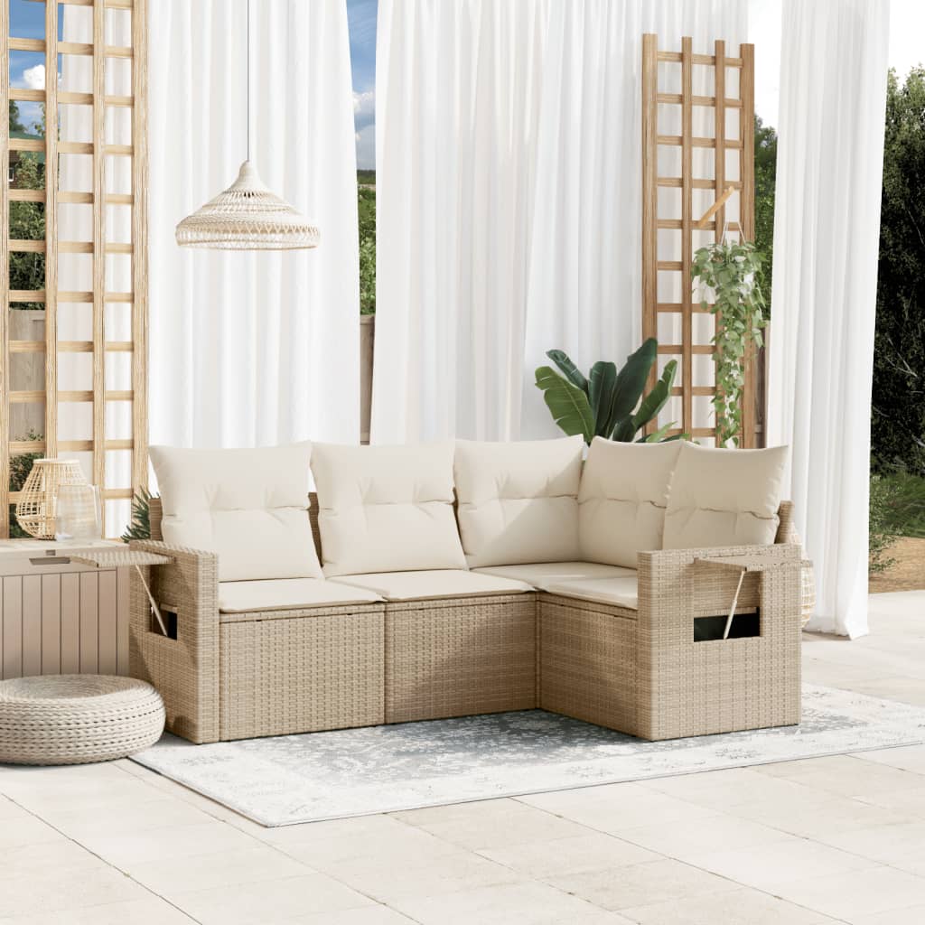 Set Divano da Giardino 4 pz con Cuscini Beige in Polyrattan