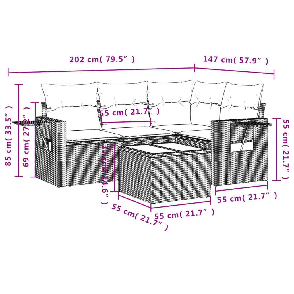 Set Divano da Giardino 5 pz con Cuscini Beige in Polyrattan