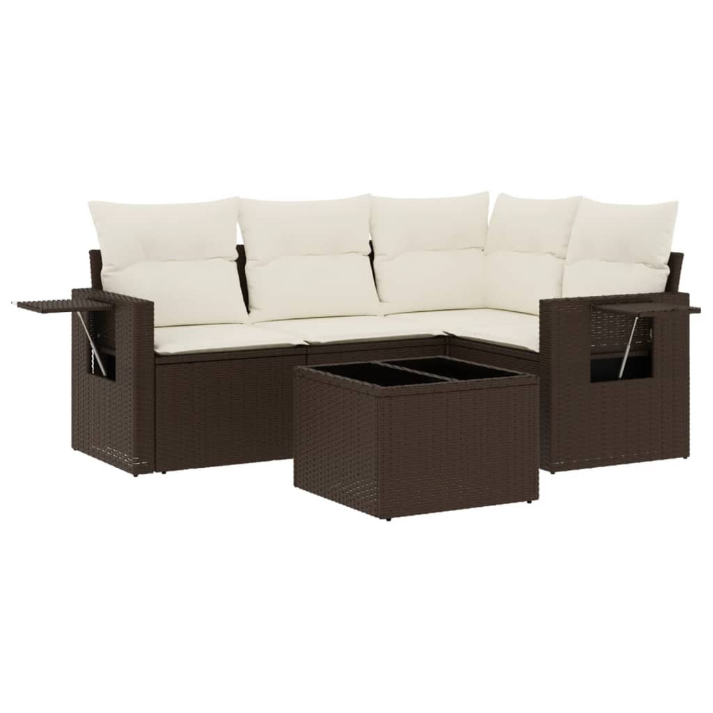 Set Divano da Giardino 5 pz con Cuscini Marrone in Polyrattan