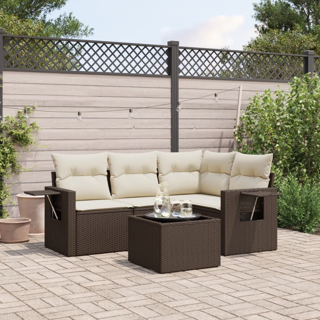 Set Divano da Giardino 5 pz con Cuscini Marrone in Polyrattan