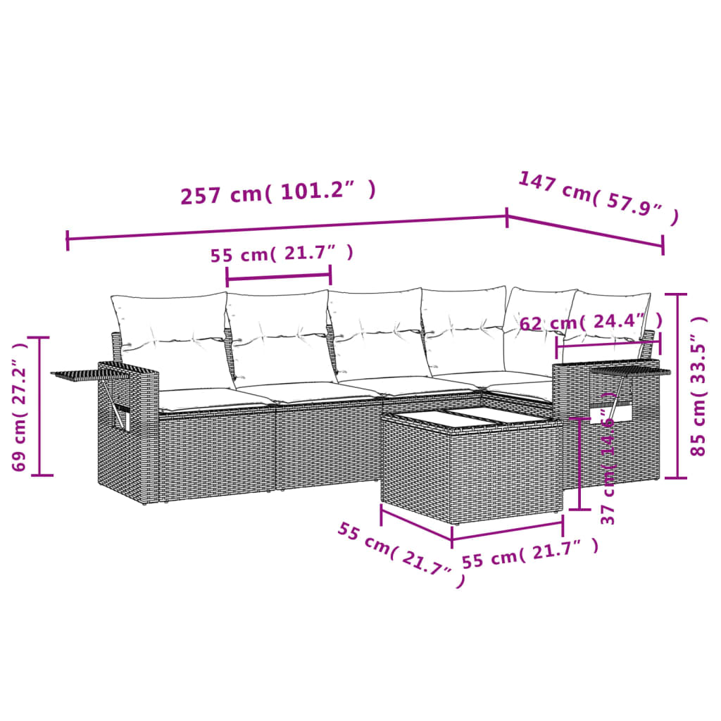 Set Divano da Giardino 6 pz con Cuscini Marrone in Polyrattan