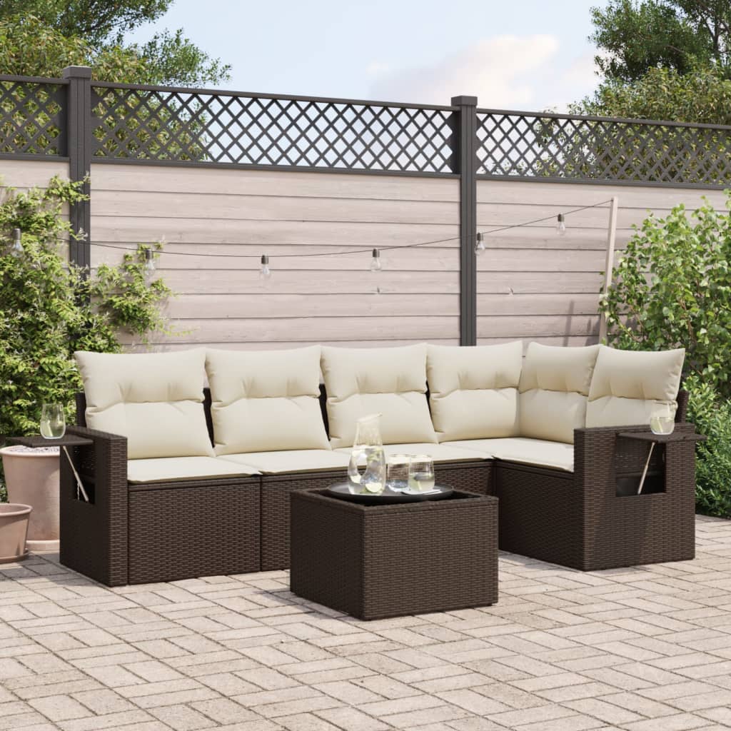 Set Divano da Giardino 6 pz con Cuscini Marrone in Polyrattan