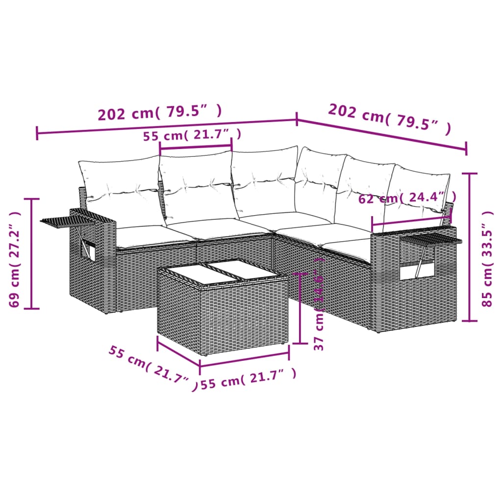 Set Divano da Giardino 6 pz con Cuscini Marrone in Polyrattan