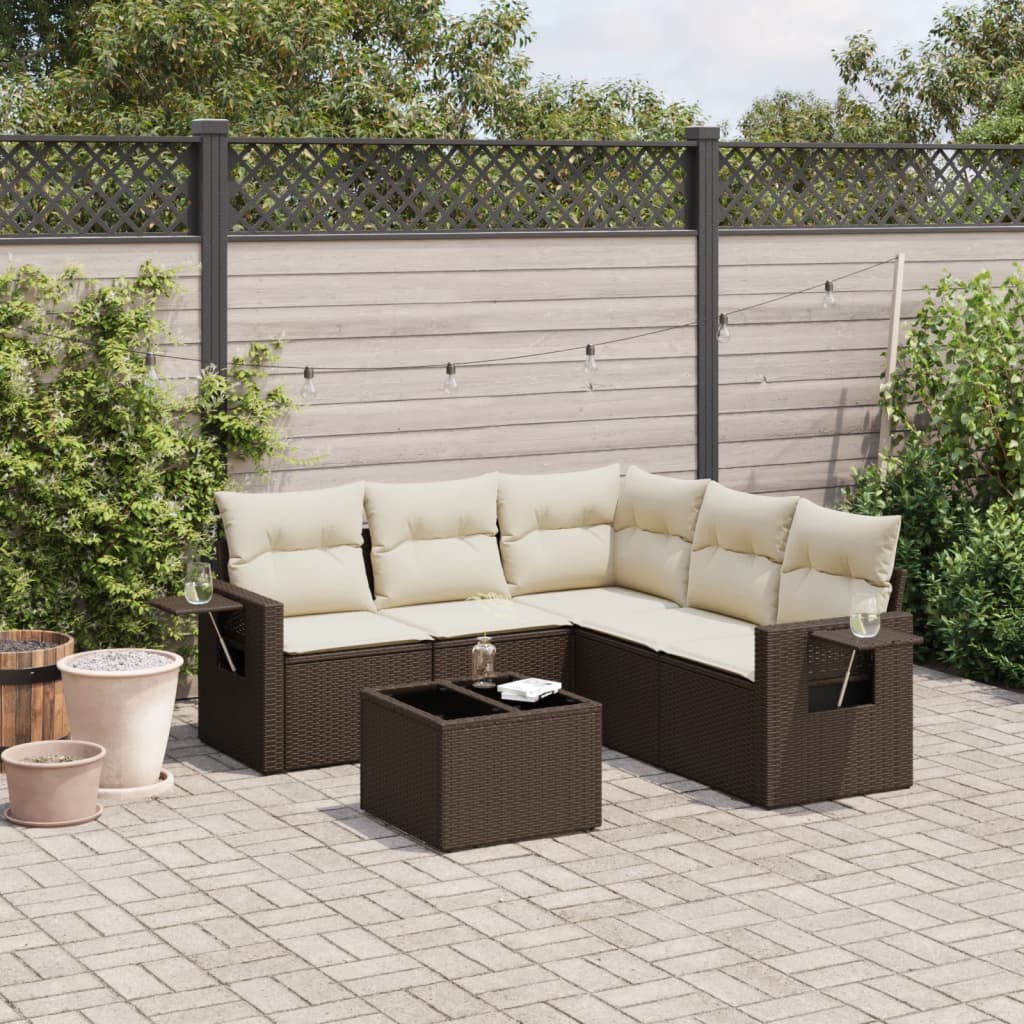 Set Divano da Giardino 6 pz con Cuscini Marrone in Polyrattan