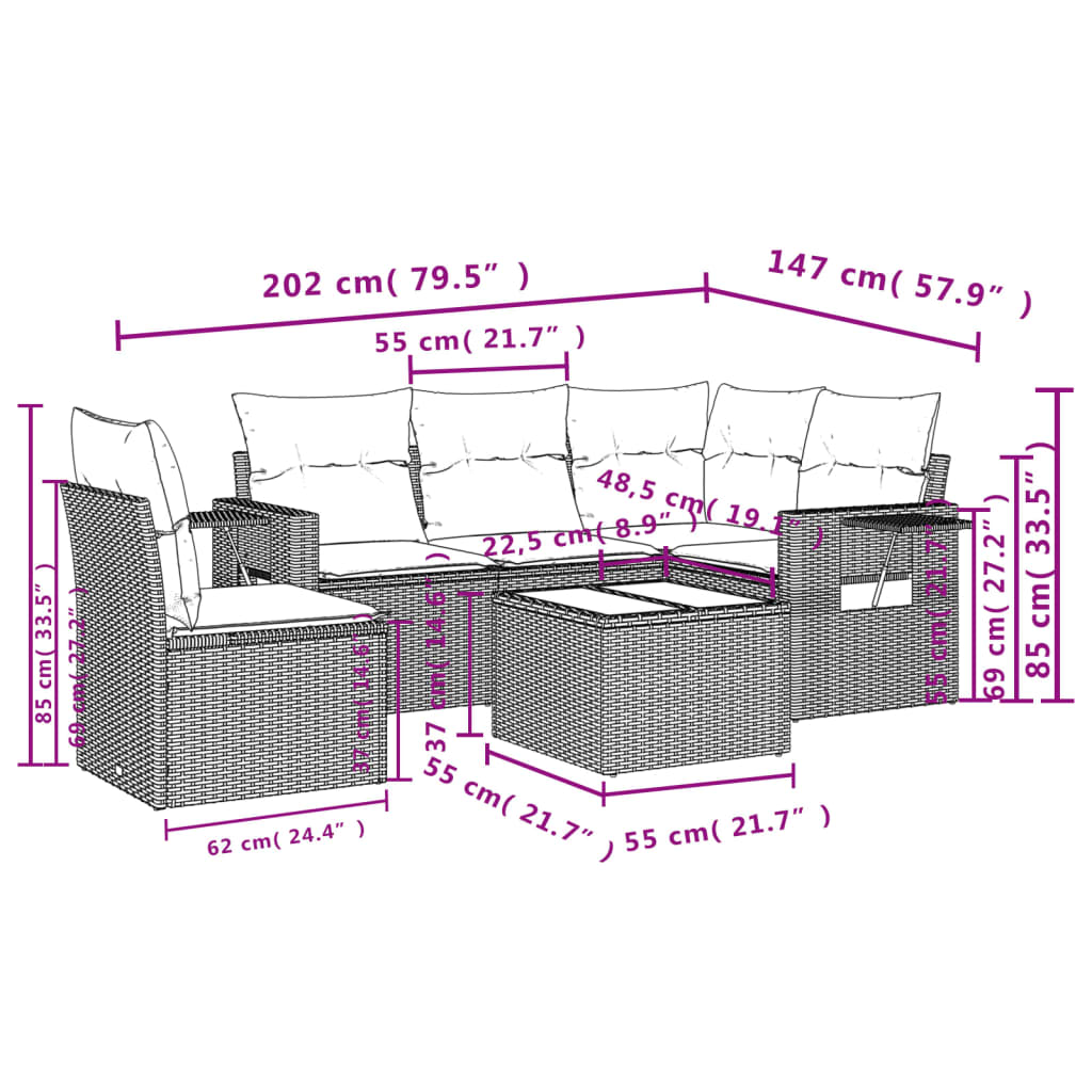 Set Divano da Giardino 6 pz con Cuscini Marrone in Polyrattan