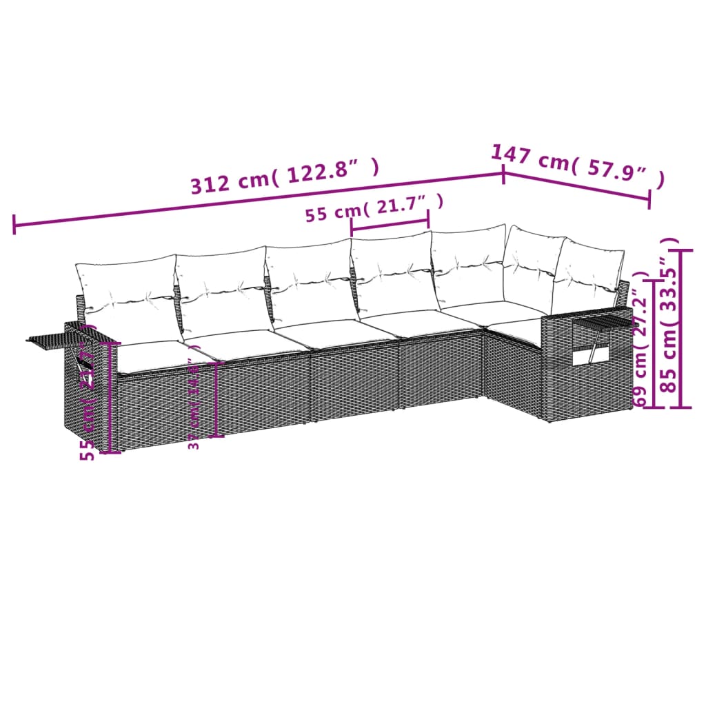 Set Divano da Giardino 6 pz con Cuscini Beige in Polyrattan