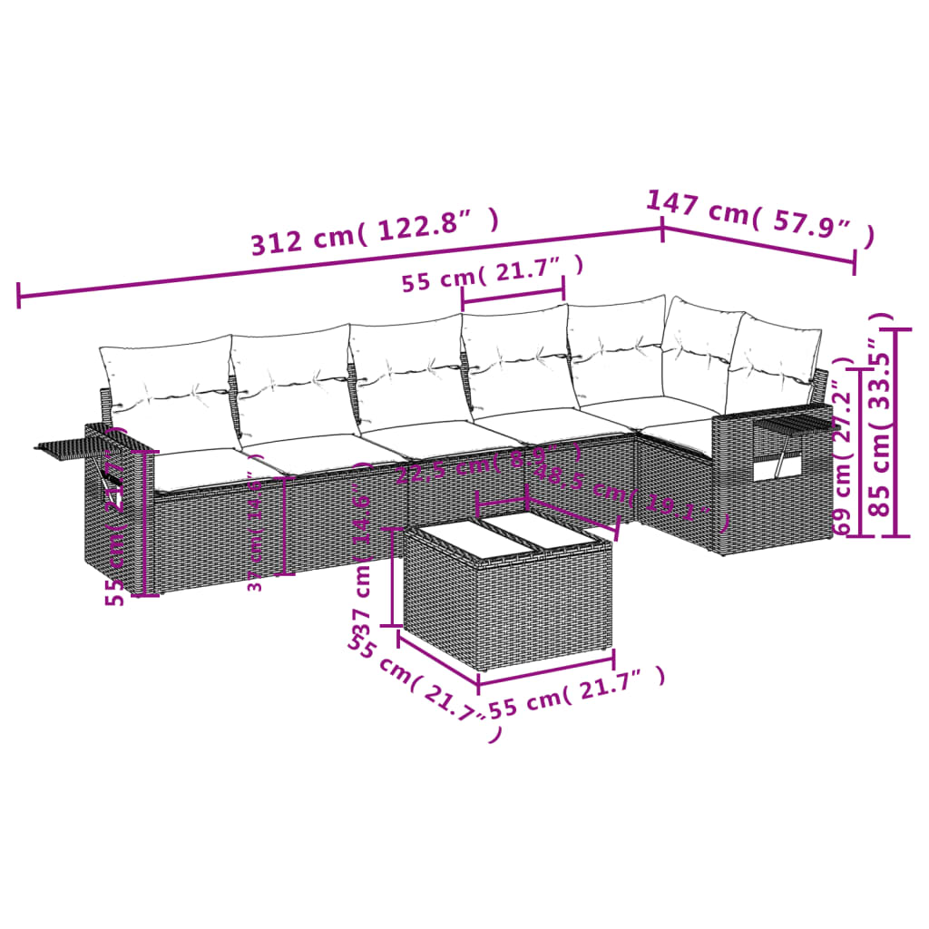 Set Divani da Giardino 7 pz con Cuscini Beige in Polyrattan