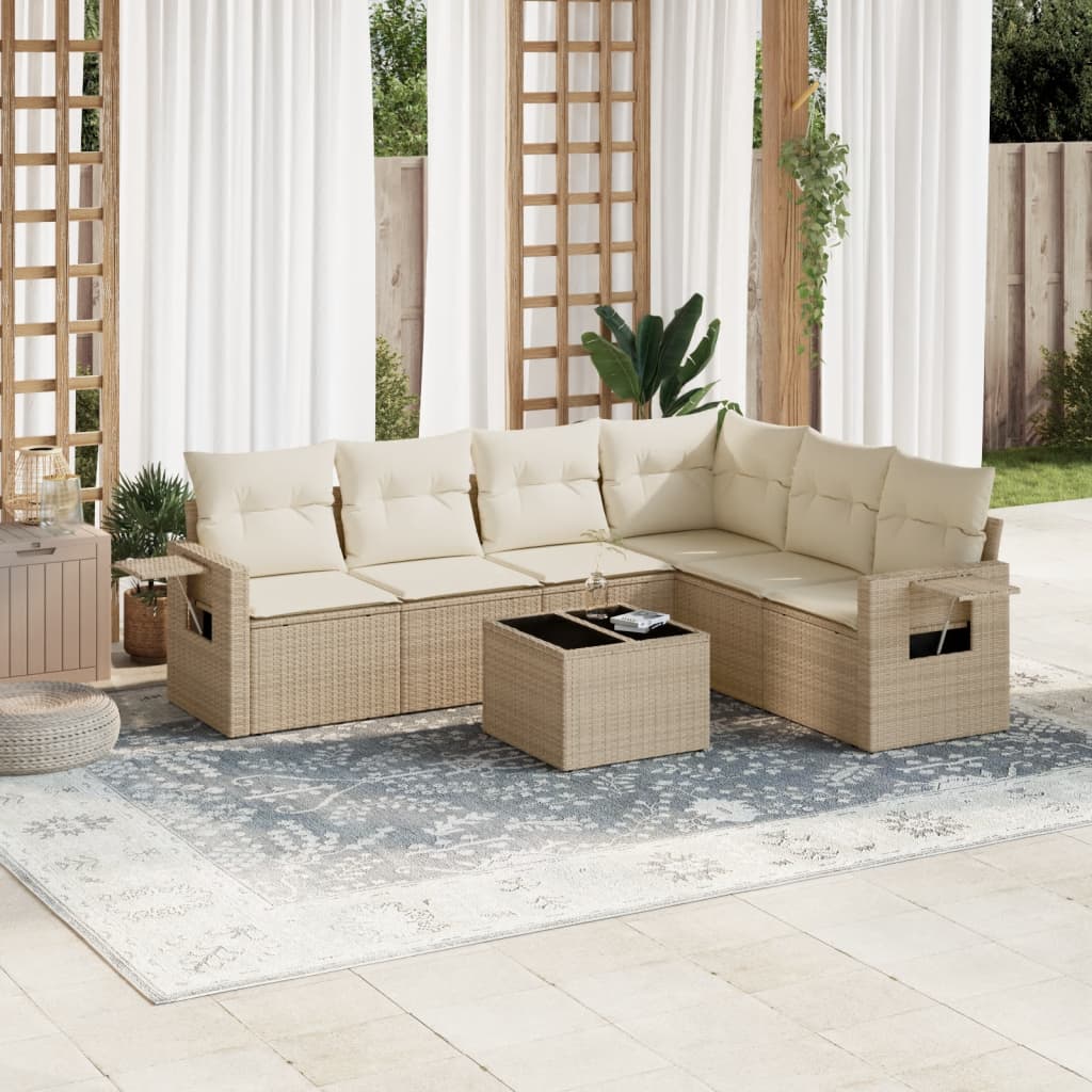 Set Divani da Giardino 7 pz con Cuscini Beige in Polyrattan