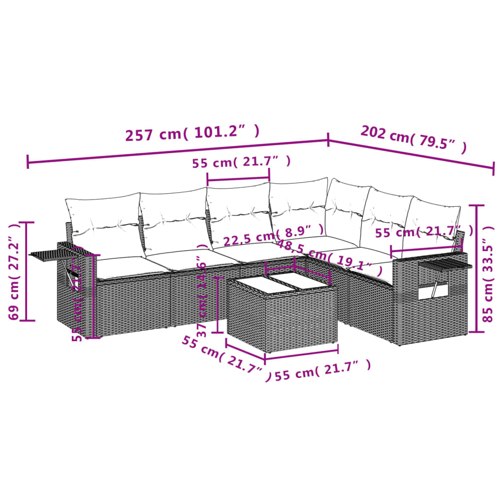 Set Divani da Giardino 7 pz con Cuscini Marrone in Polyrattan