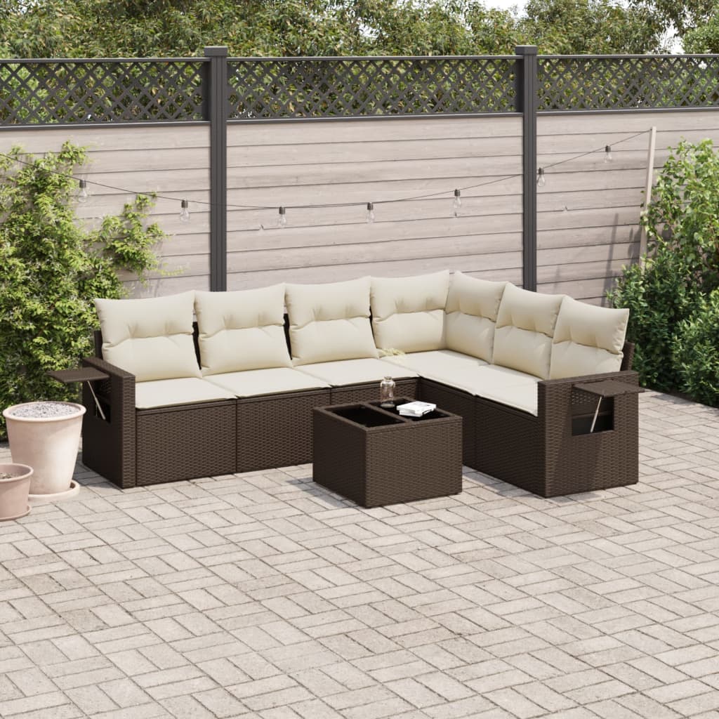 Set Divani da Giardino 7 pz con Cuscini Marrone in Polyrattan