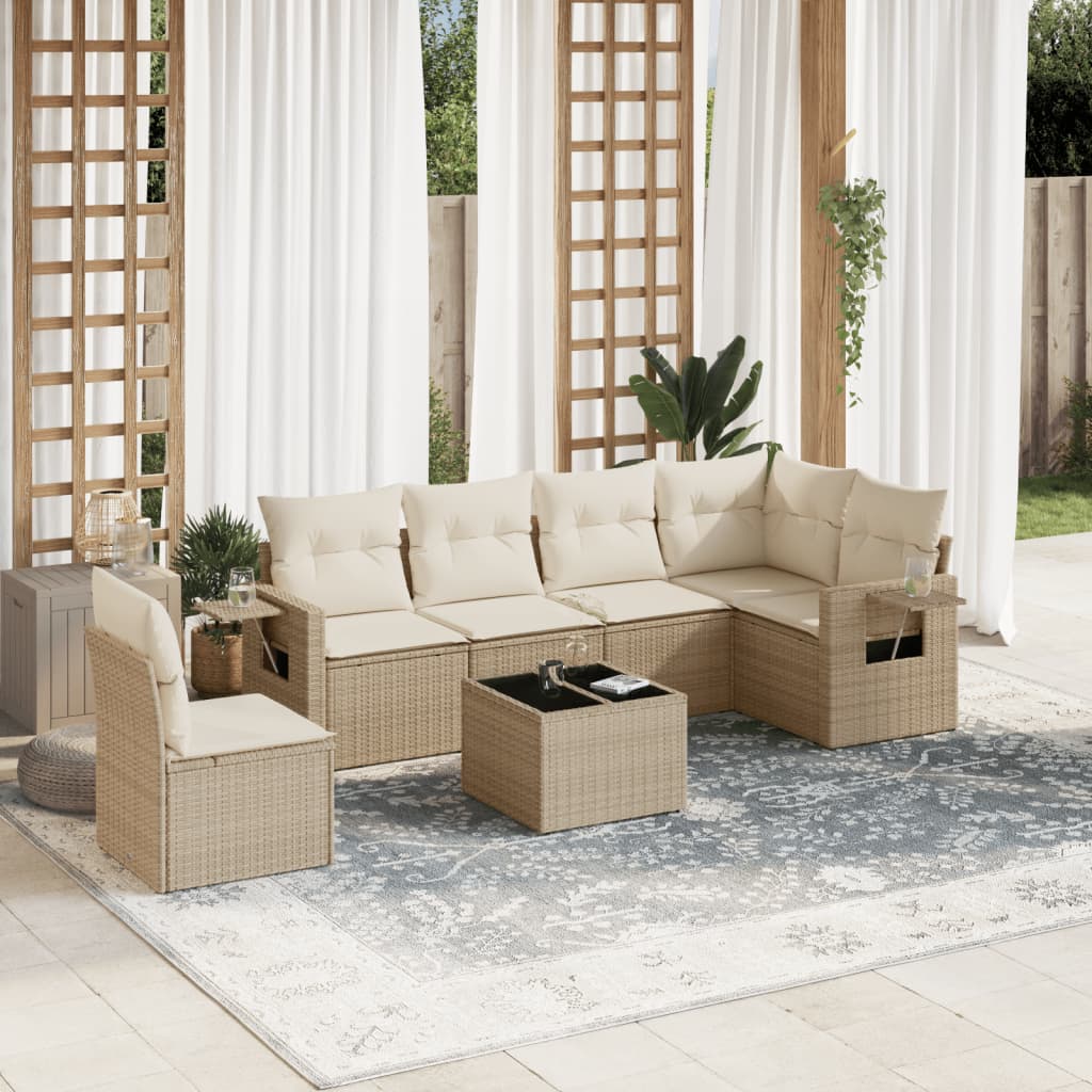 Set Divani da Giardino 7 pz con Cuscini Beige in Polyrattan