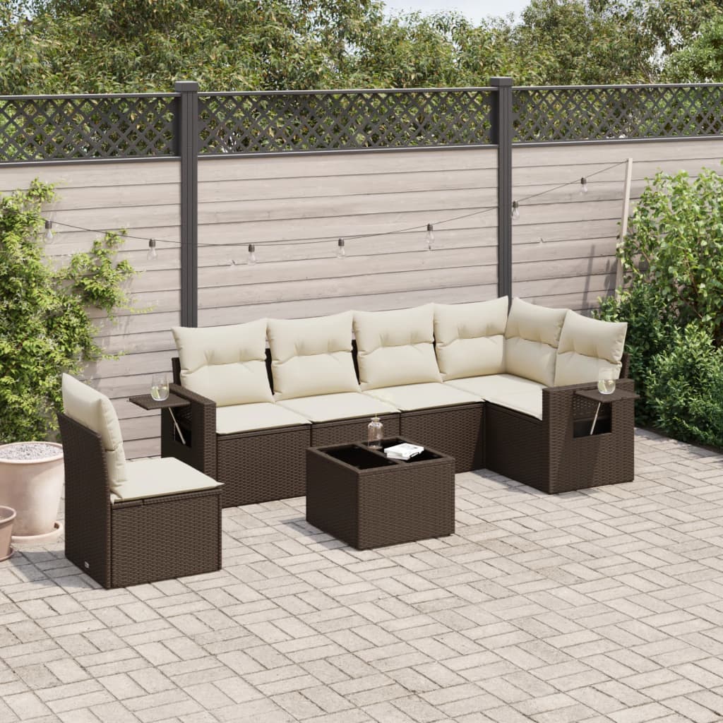 Set Divani da Giardino 7 pz con Cuscini Marrone in Polyrattan