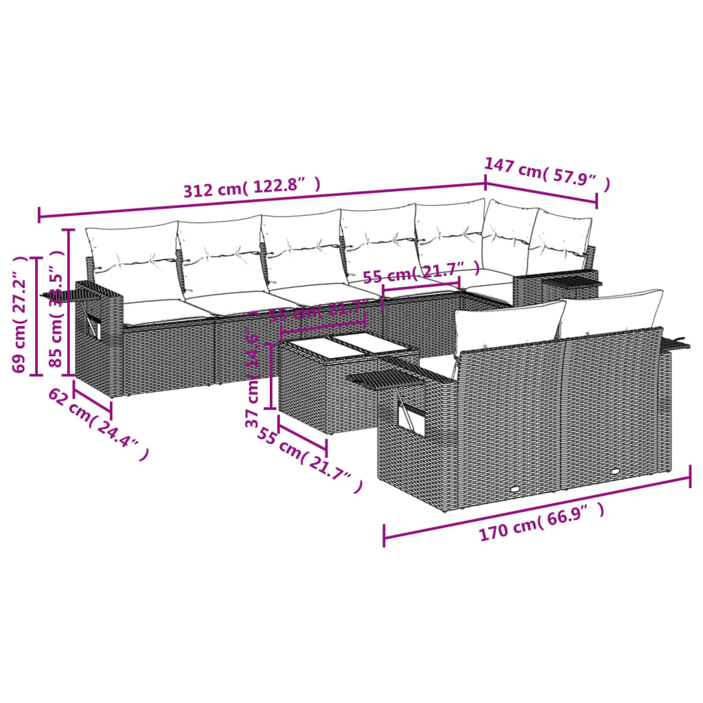 Set Divani da Giardino 9pz con Cuscini Marrone in Polyrattan