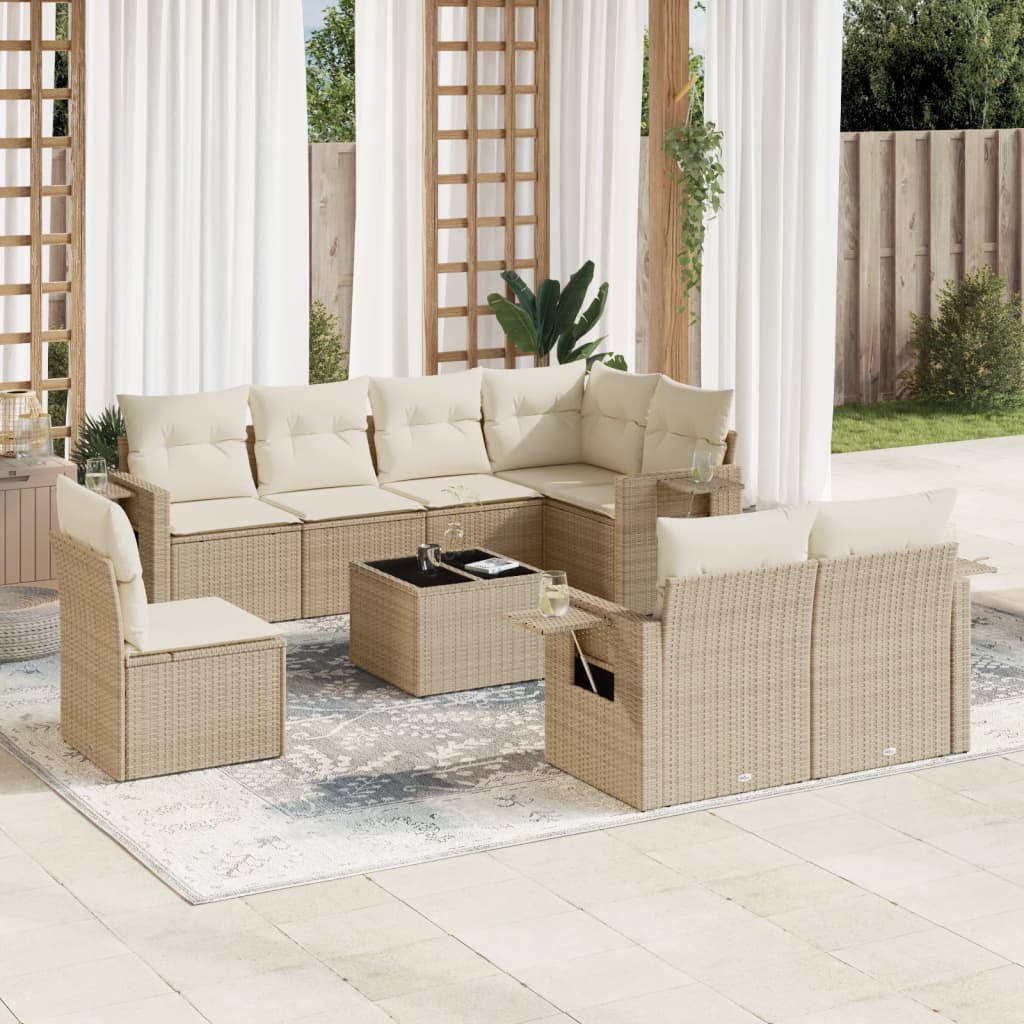 Set Divano da Giardino 9 pz con Cuscini Beige in Polyrattan