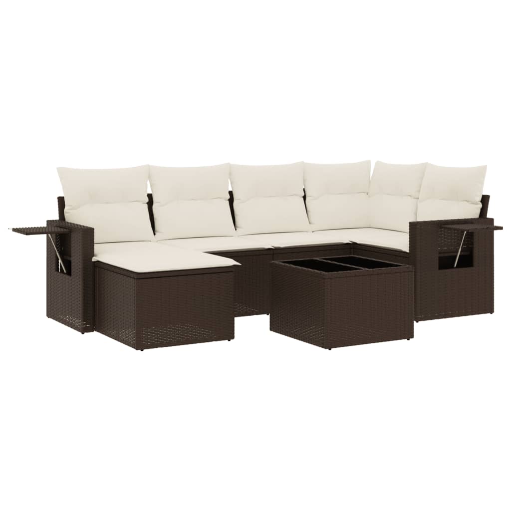 Set Divani da Giardino 7 pz con Cuscini Marrone in Polyrattan