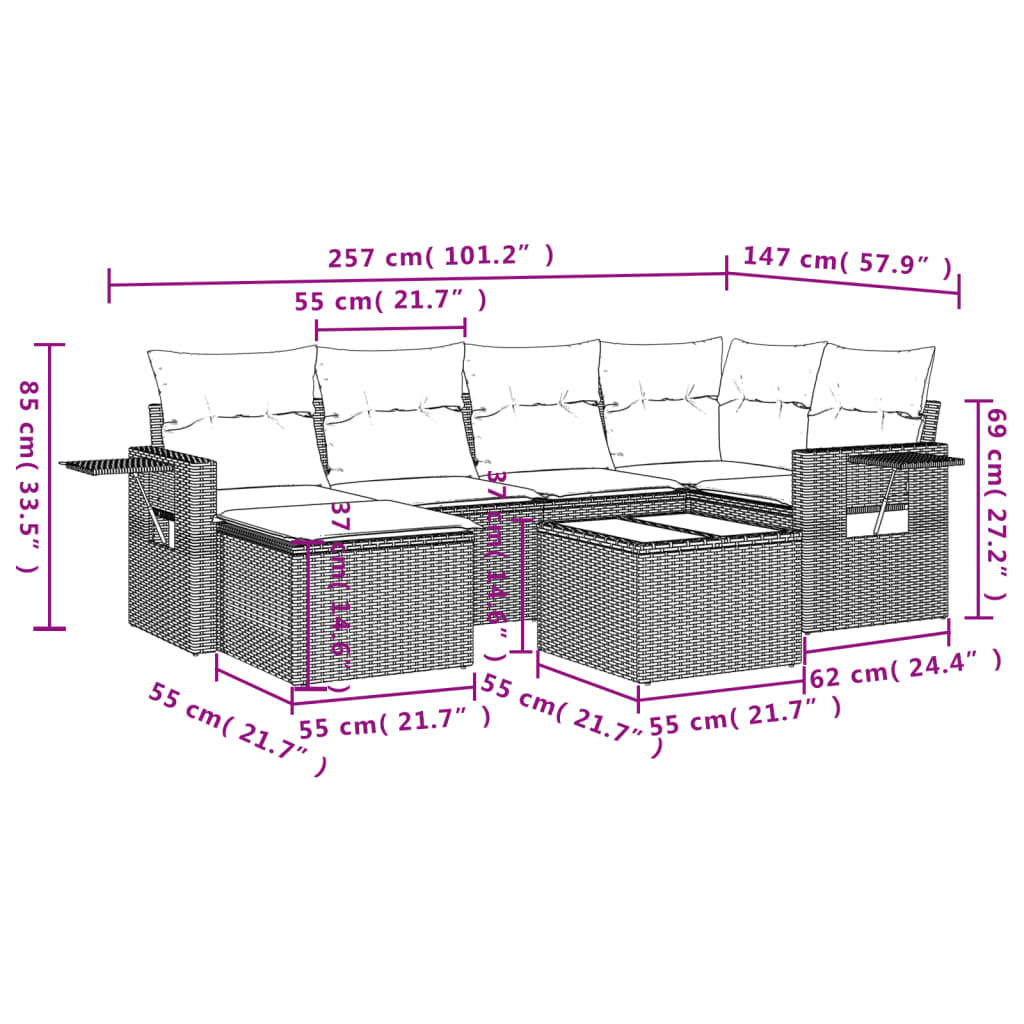 Set Divani da Giardino 7 pz con Cuscini Marrone in Polyrattan