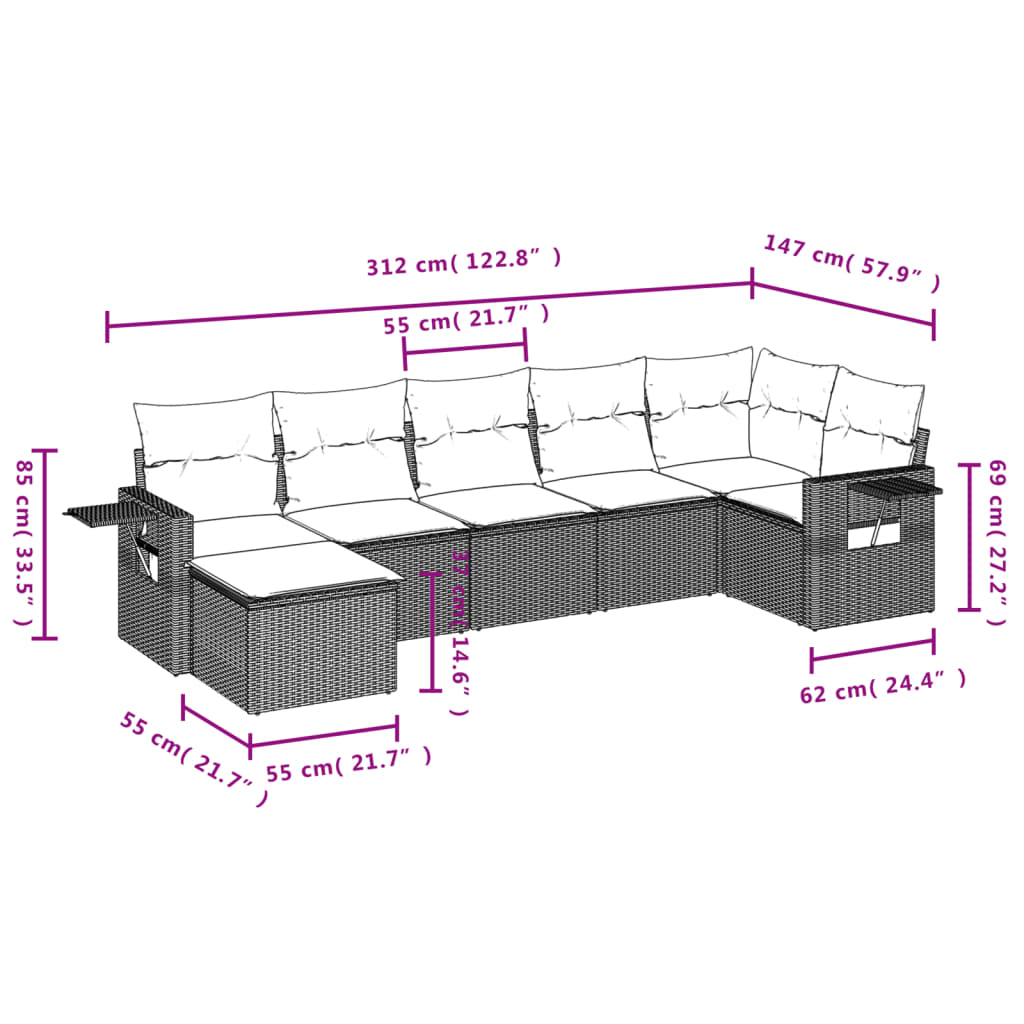 Set Divani da Giardino 7 pz con Cuscini Beige in Polyrattan