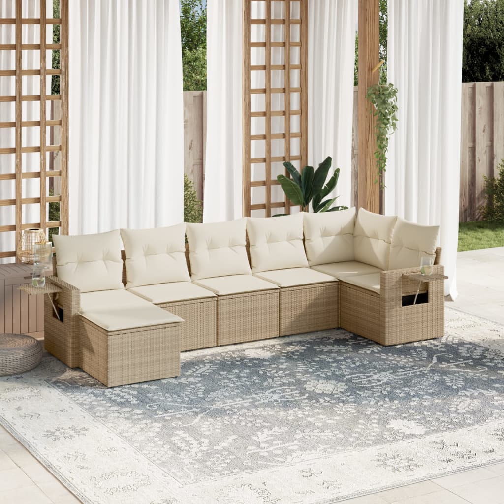 Set Divani da Giardino 7 pz con Cuscini Beige in Polyrattan