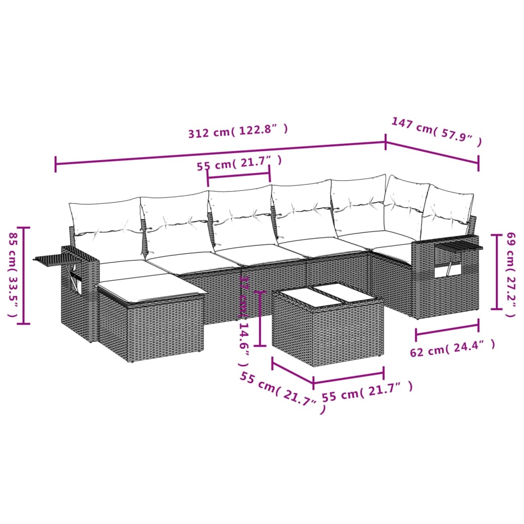 Set Divani da Giardino 8 pz con Cuscini Marrone in Polyrattan