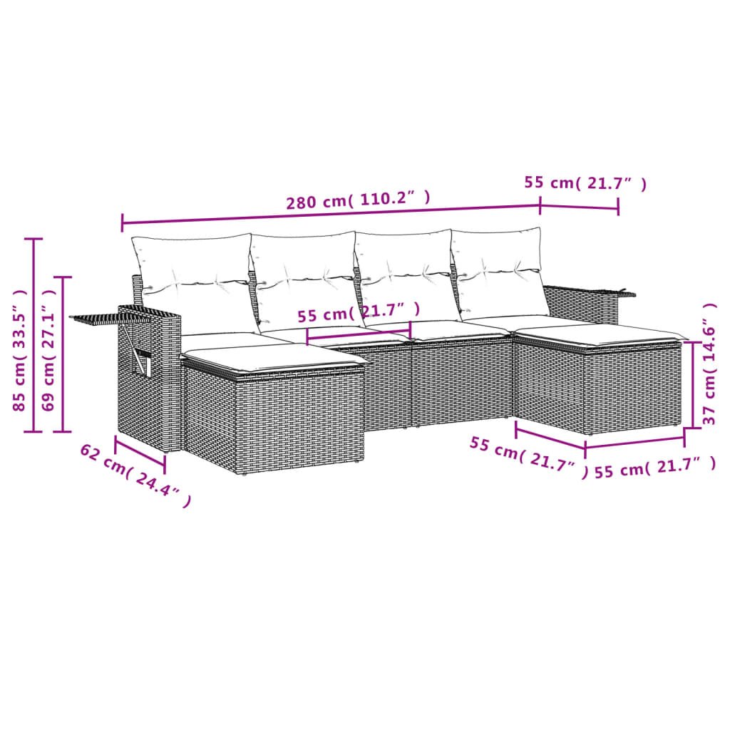 Set Divano da Giardino 6 pz con Cuscini Beige in Polyrattan