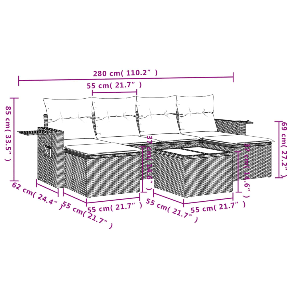 Set Divani da Giardino 7 pz con Cuscini Marrone in Polyrattan