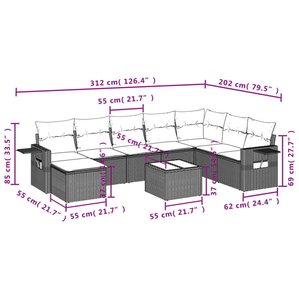 Set Divano da Giardino 9 pz con Cuscini Beige in Polyrattan